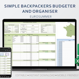 Könnte beinhalten: Ein Laptop und ein Smartphone, die eine Budget-Tracker-Tabelle anzeigen. Der Bildschirm zeigt ein Reisebudget mit Ausgabenkategorien. Der Text oben lautet "SIMPLE BACKPACKERS BUDGETER AND ORGANISER EUROSUMMER". Das Bild enthält auch Google Sheets- und Excel-Symbole.