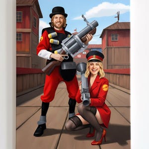 May include: A canvas print featuring two people dressed in red and black costumes, holding large toy guns. The background depicts a cartoonish outdoor scene with buildings and a blue sky. The man wears a black bowler hat, and the woman is in a red uniform.