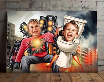 May include: Two children are depicted in a cartoon style, one wearing a red and black suit with a jetpack and the other sitting in a white toilet with a jetpack. The background is a cityscape with flames and smoke.