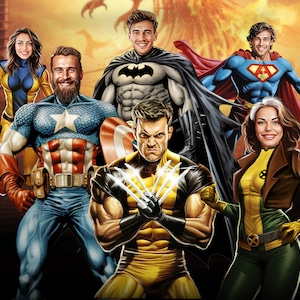 Custom Superhero Family Portrait – Personalized Comic Book Style Artwork, Unique Superhero Gift, Custom Family Illustration Wall Art”