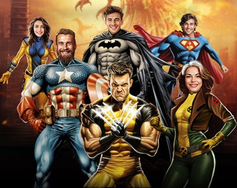 Custom Superhero Family Portrait from your photos/Custom super hero portrait/Family Superhero caricature