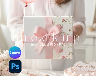Geschenkpapier Mockup, Geburtstagsgeschenkpapier Mockup, Geschenk Mockup, eingewickeltes Geschenk Mockup, Smart Objekt PSD und Canva PNG