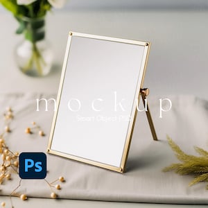 Gold Frame Mockup, Boho 5x7 Table Sign Mockup, Table Number Mock-up, Invitation Card Mockup Smart Object PSD, Wedding Sign Frame Mockup