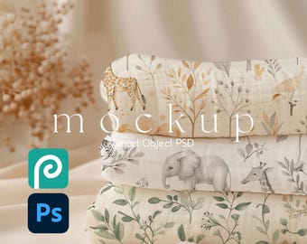 Dreiteiliges Set aus Mullwindeln, Decken-Mockup, Baby-Mullwindel-Mockup, Baby-Pucktuch-Smart-Objekt (PSD und Canva PNG)