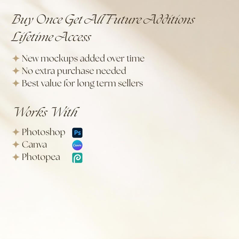 May include: A digital graphic with dark text on a light background stating Buy Once Get All Future Additions Lifetime Access, New mockups added over time, No extra purchase needed, Best value for long term sellers, Works With Photoshop, Canva, Photopea.