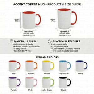 Pode incluir: Canecas de café de cerâmica branca com interiores e alças coloridas. Disponíveis nos tamanhos de 11 oz e 15 oz, com alturas de 9,6 cm e 12,1 cm. Características: adequadas para micro-ondas e máquina de lavar louça. Disponíveis em várias cores.