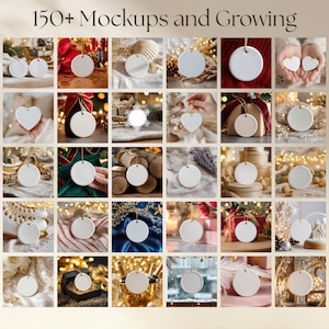 May include: A collection of 30 blank white ceramic ornaments in various shapes including circles, hearts, and a snowflake, each featuring a gold hanging string. The text 150+ Mockups and Growing is displayed at the top of the image.