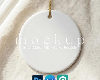 Ceramic Ornament Mockup, Round Wedding Ornament Mockup, Blank Holiday Ornament Template, Minimalist Round Ornament Canva Template