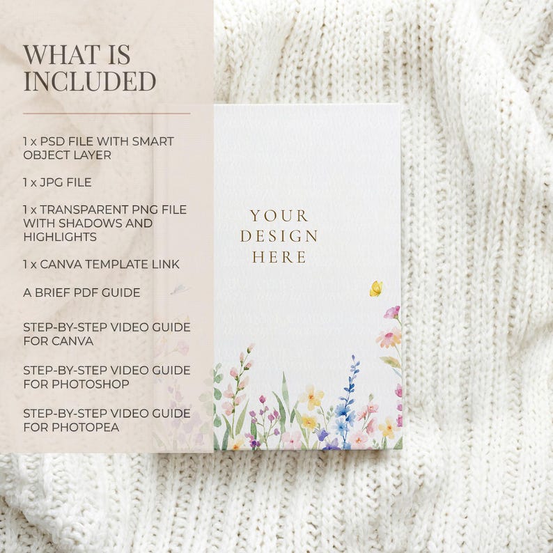 May include: A mockup of a folded card with the text "YOUR DESIGN HERE" and floral watercolor accents. The card is on a white knitted surface. The left side of the image lists the included items: PSD file, JPG file, PNG file, Canva template link, and video guides.