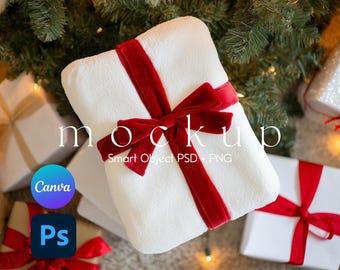 クリスマスベルベットプラッシュブランケットモックアップ、ブランケットモックアップ、ブランケットクリスマスモックアップ、ブランケットスマートオブジェクトPSDおよびCanvaPNGモックアップ