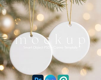 Ornament Mockup Duo, Round Ceramic Christmas Ornaments PSD, Canva Template Photopea, Tree Branch Warm Lights Scene