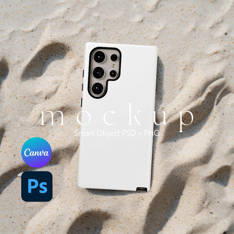 May include: White phone case mockup on a sandy background. The case has a camera cutout with three lenses. The text "mockup" and "Smart Object PSD + PNG" is visible on the case.