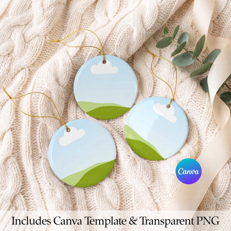 May include: Three round ceramic ornaments featuring a light blue sky, white clouds, and green rolling hills. Each ornament has a gold hanging string attached to the top. The design is printed on a smooth, glossy surface with a circular shape.