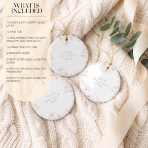 May include: Three white circular ceramic ornaments with gold hanging strings, featuring a delicate floral line art pattern and the text YOUR DESIGN HERE. The digital product includes a PSD file, JPEG, transparent PNG, Canva template, and video guides.