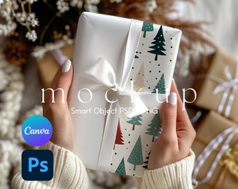 Geschenkpapier Mockup, Geschenkpapier Mockup, Hochzeitsgeschenkpapier Mockup, Elegante weiße Brautgeschenk Display, Canva Mockup und Photoshop PSD