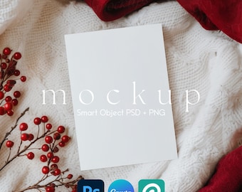 5x7 Christmas Card Mockup, Greeting Card Mockup, White New Year Card Mockup, Invitation Mockup, Card Smart Object PSD and Canva PNG