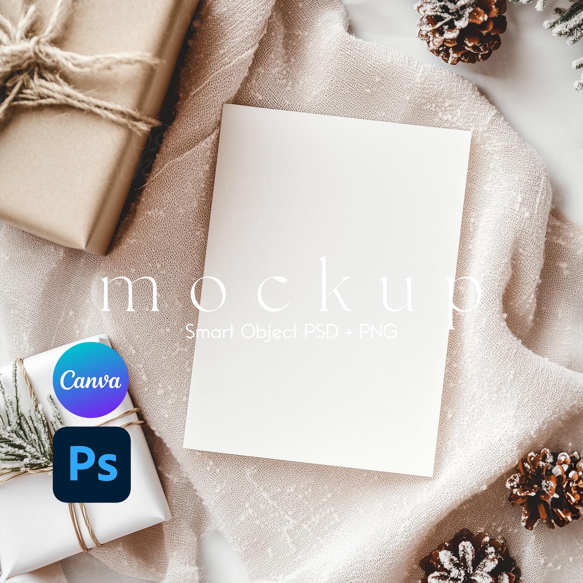 Christmas Card Mockup, White Blank Card, Greeting Card Mockup, White Christmas Card Mockup, Card Smart Object PSD and Canva PNG