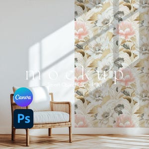 May include: A rattan armchair with a white cushion positioned against a wall covered in floral wallpaper featuring large pink and white blossoms with gold and grey foliage accents. The text mockup Smart Object PSD + PNG is visible.