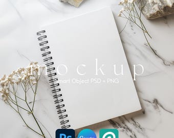 Mockup di quaderno a spirale, mockup di quaderno, mockup di diario, planner a spirale Canva PNG e oggetto intelligente PSD