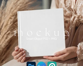 May include: A white square book mockup held by a person. The word "mockup" is printed on the cover. Below the word are the words "Smart Object PSD + PNG". The image also includes the logos for Photoshop, Canva, and Placeit.