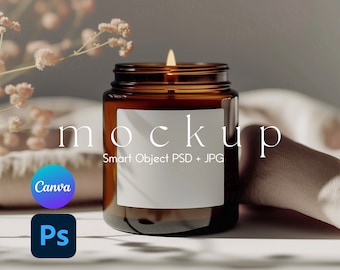 Amber Glass Candle Mockup, Candle Mockup, Candle Branding, Candle Label Mockup, Candle Tag Mockup PSD