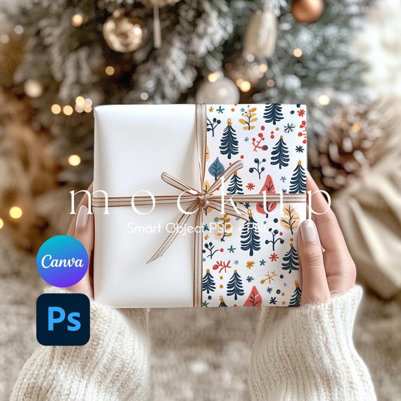 Present Mockup, Wrapping Paper Mockup Canva, Wrapping Paper Mockup, Christmas Wrapping Paper Mockup, Smart Object PSD and Canva PNG