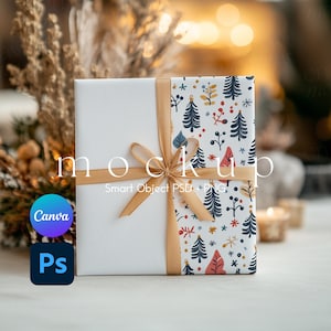 Wrapping Paper Mockup, Gift Box Mockup, Wrapping Paper Present Mockup, Christmas Paper Canva PNG and Smart Object PSD Mockup