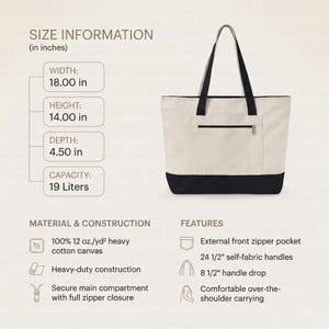 Könnte beinhalten: Cremefarbene Tragetasche mit schwarzem Boden und Griffen. Die Tasche hat eine Außentasche mit Reißverschluss und misst 45,7 cm breit, 35,6 cm hoch und 11,4 cm tief. Fassungsvermögen 19 Liter. Mit 62,2 cm langen Griffen.