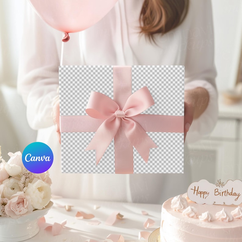 Geschenkpapier Mockup, Geburtstagsgeschenkpapier Mockup, Geschenk Mockup, eingewickeltes Geschenk Mockup, Smart Objekt PSD und Canva PNG Bild 2