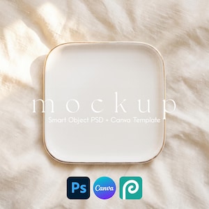 Smyckesfatmodell, Canva-mall, Photoshop PSD Smart Object, fyrkantig prydnadsfat med vitguldkant