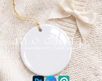 White Christmas Ornament Mockup, Round Ceramic Ornament PSD, Canva Template, Cozy Knit Sweater Scene with Cream Bow