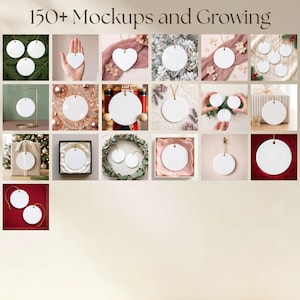 May include: A collection of blank white ceramic ornaments in various shapes including circles and hearts, featuring gold hanging strings. The image displays 150+ Mockups and Growing text at the top, showcasing these ornaments in diverse settings.