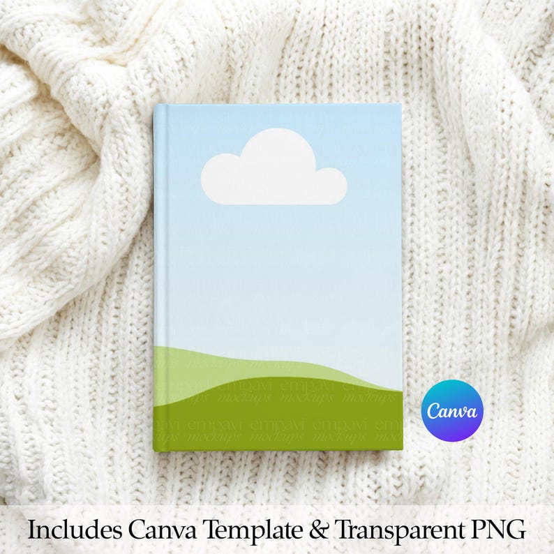 May include: A notebook with a sky-themed cover featuring a white cloud against a light blue background. Green hills are at the bottom. The text "Includes Canva Template & Transparent PNG" is at the bottom.