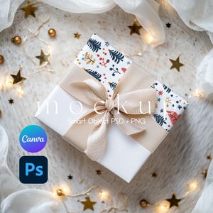 Gift Box Mockup, Present Mockup, Gift Paper Mockup, Wrapping Paper Mockup, Wrapping Paper Smart Object PSD and Canva PNG