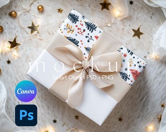 Mockup de caixa de presente, mockup de presente, mockup de papel de presente, mockup de papel de embrulho, PSD e PNG do Canva com objeto inteligente para papel de embrulho.