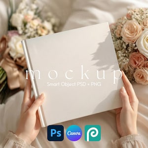 May include: A white book with the word "mockup" printed on the cover, held by a person. The book is surrounded by flowers and the logos for Photoshop, Canva, and Placeit are visible.