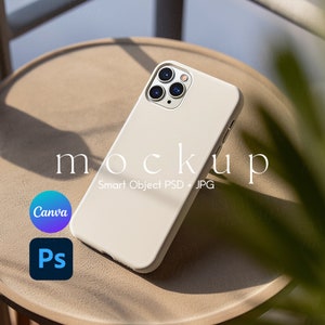 May include: A light beige phone case with a triple-lens camera design. The word "mockup" is displayed in white, along with "Smart Object PSD + JPG". The Canva and Photoshop logos are also visible.