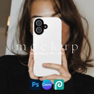 May include: A white phone case with a dual-lens camera is held in front of a person. The word "mockup" is printed on the phone case. Below the phone are the logos for Photoshop, Canva, and Placeit.