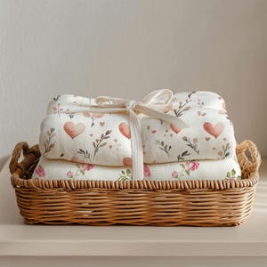 Blanket mockup featuring soft folded white blankets neatly arranged in a wicker basket and tied with a delicate ribbon. The natural light and neutral tones create a cozy, minimal, and homey aesthetic, perfect for showcasing baby blanket designs, textile branding, nursery decor, or cozy lifestyle products.