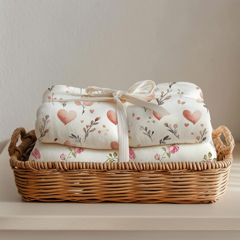 Blanket mockup featuring soft folded white blankets neatly arranged in a wicker basket and tied with a delicate ribbon. The natural light and neutral tones create a cozy, minimal, and homey aesthetic, perfect for showcasing baby blanket designs, textile branding, nursery decor, or cozy lifestyle products.