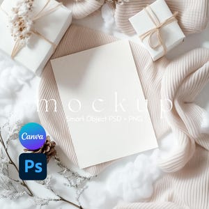 5x7 Cartão Mockup, Convite de Natal Mockup, Cartão Smart Object PSD e Canva PNG, Cartão Branco em Branco, Cartão de Natal Branco Mockup