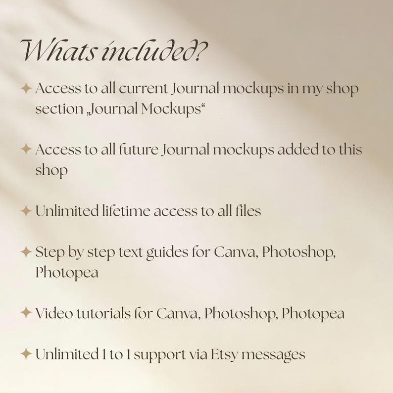 May include: A beige informational graphic with dark brown text titled Whats included? listing access to current and future journal mockups, unlimited lifetime file access, step-by-step text guides, video tutorials for Canva, Photoshop, and Photopea, and 1 to 1 support.