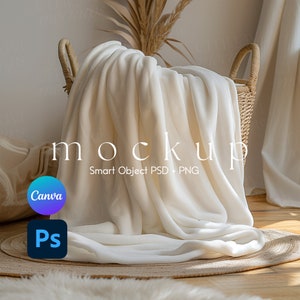 May include: A white blanket draped over a wicker basket with the text "mockup Smart Object PSD + PNG" on the blanket.