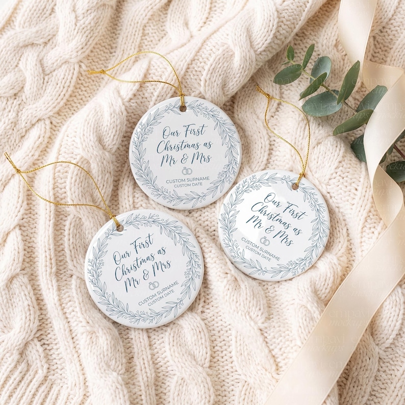 Ornament Mockup Set of 3, Family Ornament Mockup, Round Ceramic Christmas Ornament Flatlay, Matching Ornament Set, Canva PSD Mockup image 4