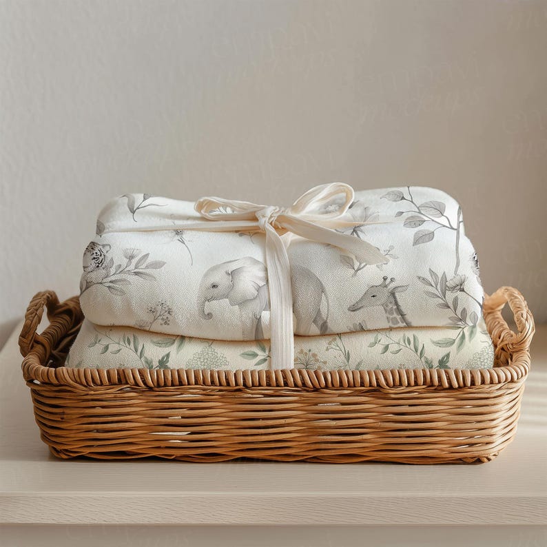 Blanket mockup featuring soft folded white blankets neatly arranged in a wicker basket and tied with a delicate ribbon. The natural light and neutral tones create a cozy, minimal, and homey aesthetic, perfect for showcasing baby blanket designs, textile branding, nursery decor, or cozy lifestyle products.