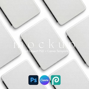 May include: An overhead shot of multiple white rectangular items with black borders, set out in a design. The word "mockup" is written in a light font across the middle. Underneath, the text reads "Smart Object PSD + Canva Template". Logos for Photoshop, Canva, and another design program are also visible.