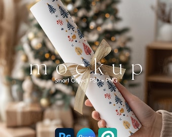 Wrapping Paper Mockup, Christmas Wrapping Paper Mockup, Gift Wrap Pattern Design Display, Present Smart Object PSD and Canva PNG Mockup