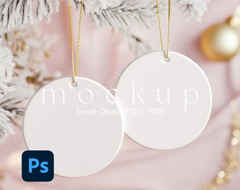 Double Christmas Ornament Mockup, Two Ceramic Round Ornaments Mockup, Hanging Tree Ornament Mockup, Ornament Smart Object PSD Mockup