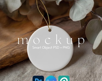 Ornament Mockup, Christmas Ornament Mockups, Round Wedding Ornament Mockup, Ceramic Ornament Smart Object PSD and Canva Mockup