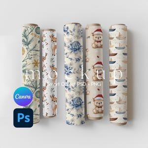 May include: Five rolls of wrapping paper with different patterns. The patterns include a deer and berries, a blue floral design, a teddy bear wearing a Santa hat, and a sailboat design.